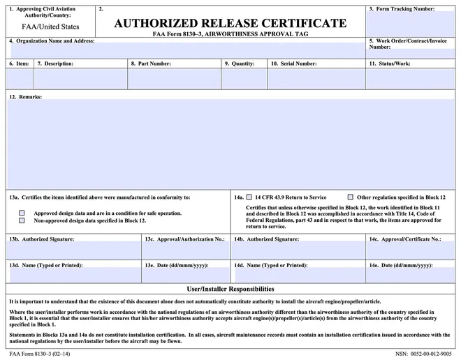 A blank FAA Form 8130-3 Authorized Release Certificate, its fields laid out as numbered blocks